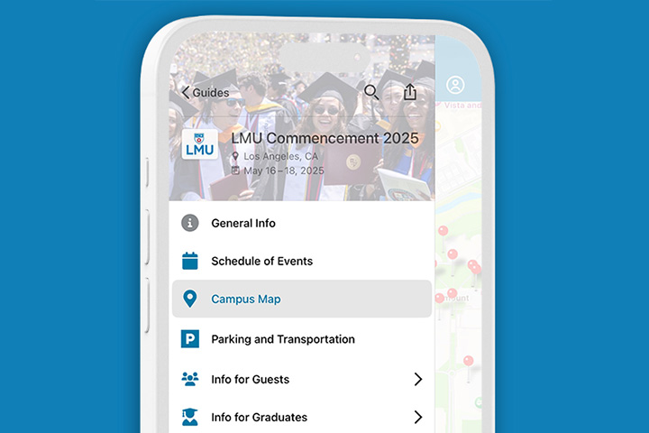 A view of the LMU Lion Commencement Mobile App showing the expanded left-hand menu overlaid above the university map